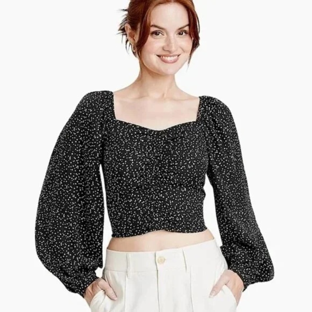 A New Day M Black & White Polka Dot Smocked Crop Top Blouse